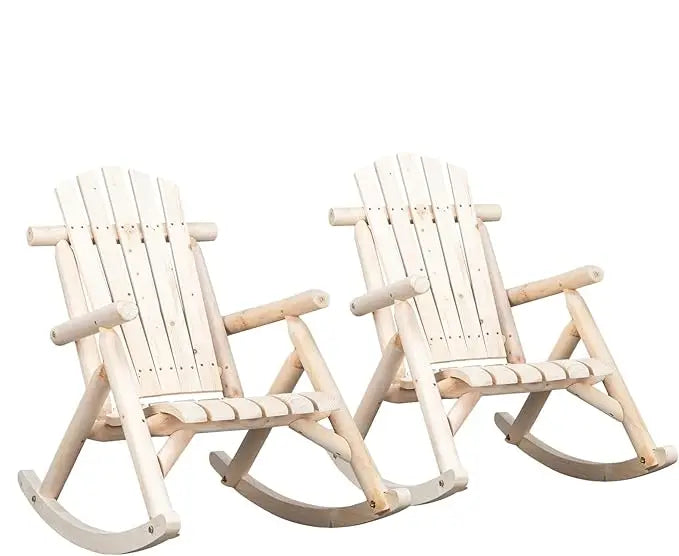 Wooden Rocking Chair Set of 2 – Fir Log Adirondack Rockers, Outdoor Wood Lounge Chairs for Garden, Patio & Backyard