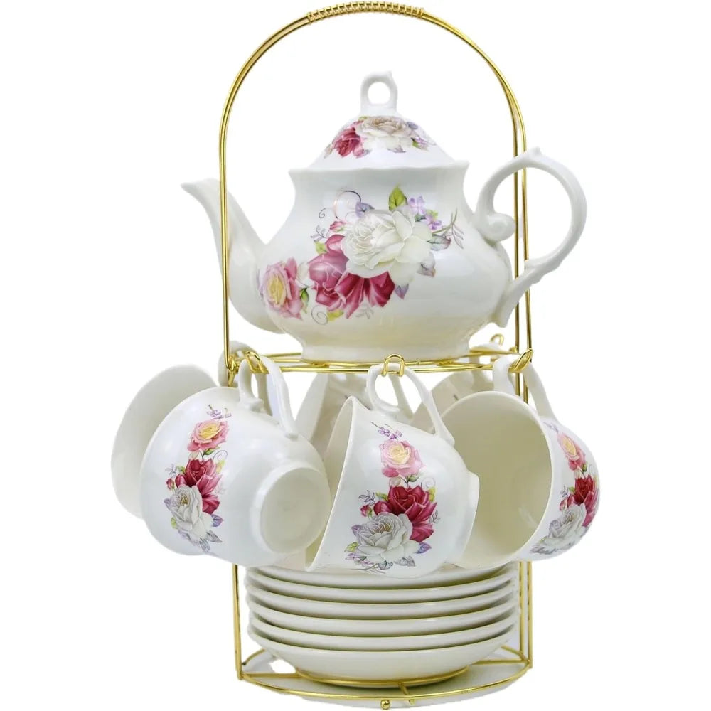 20-Piece Bone China Tea & Coffee Set with Gold Metal Rack – Elegant Porcelain Gift Set for Home, Parties, and Special Occasions (010)