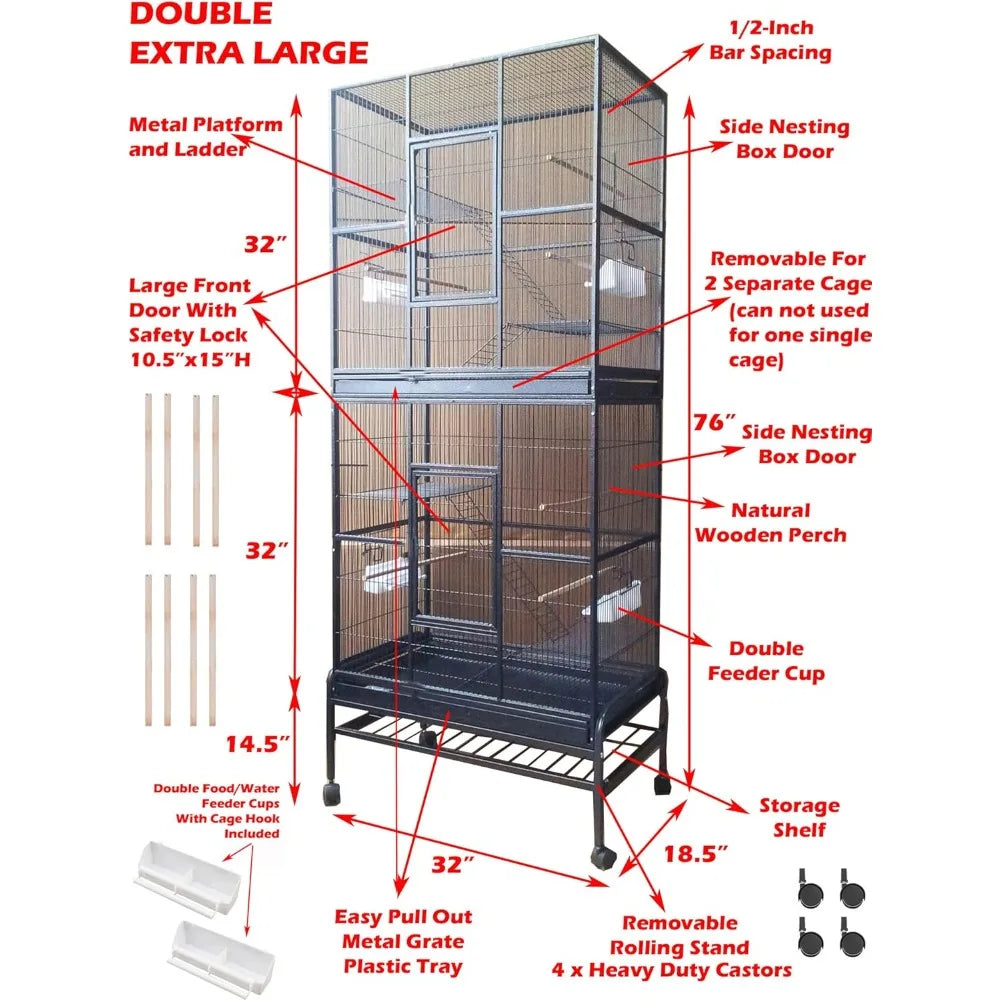 X-Large Stackable Double Bird Parrot Cage – 2 Separate 3-Level Enclosures with Side Breeding Nest Doors & Pull-Out Trays
