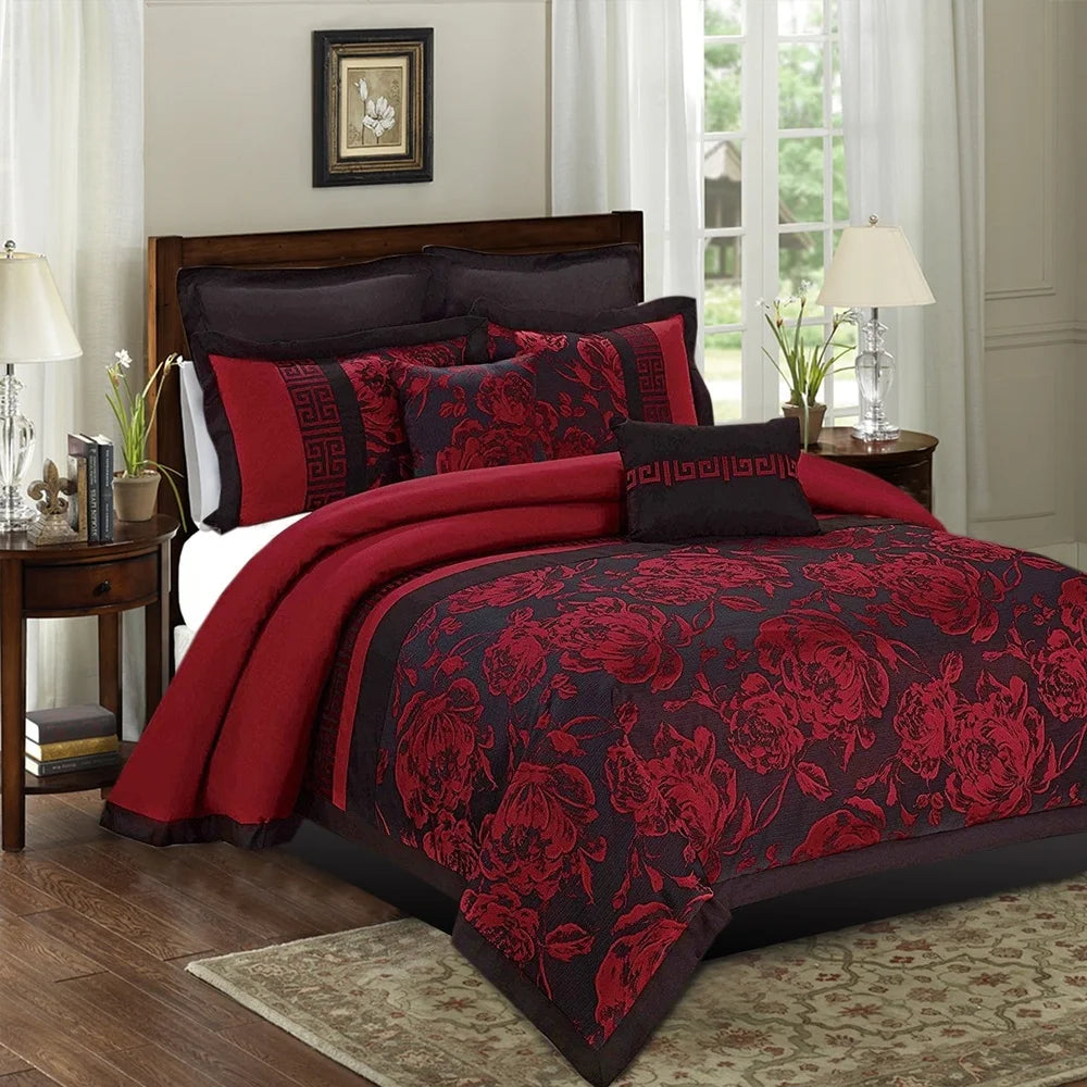 8-Piece Jacquard Floral Queen Bed-in-a-Bag Set – Vintage Design Comforter, Shams & Cushions – Hypoallergenic All-Season Bedding