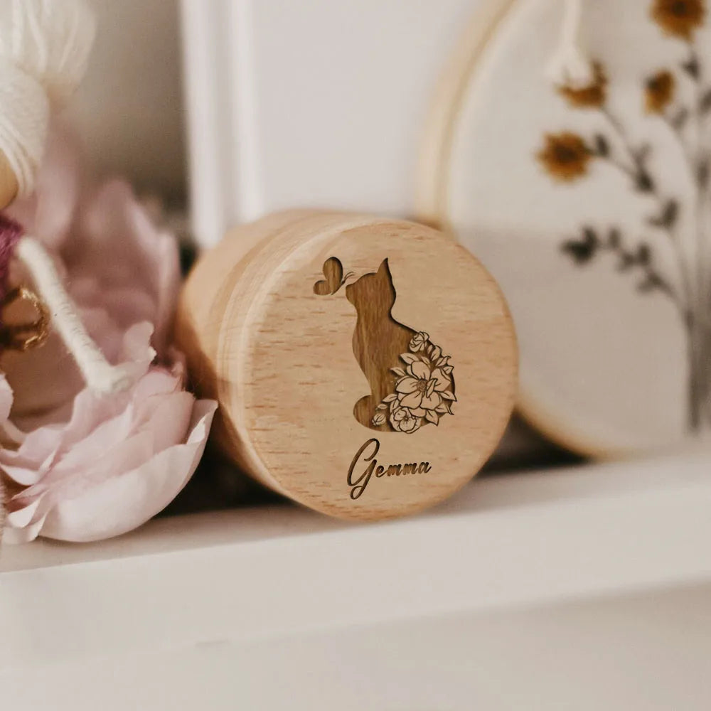 Wooden Carving Custom Name Cat Butterfly Storage Box