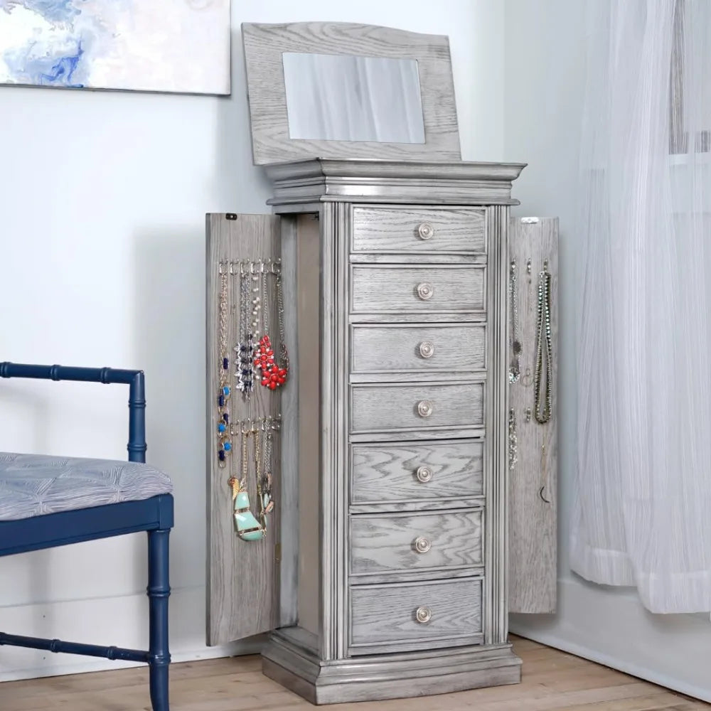 Standing Jewelry Armoire – Large 7-Drawer Wooden Jewelry Organizer with Mirror, Side Doors & Anti-Tarnish Lining for Home