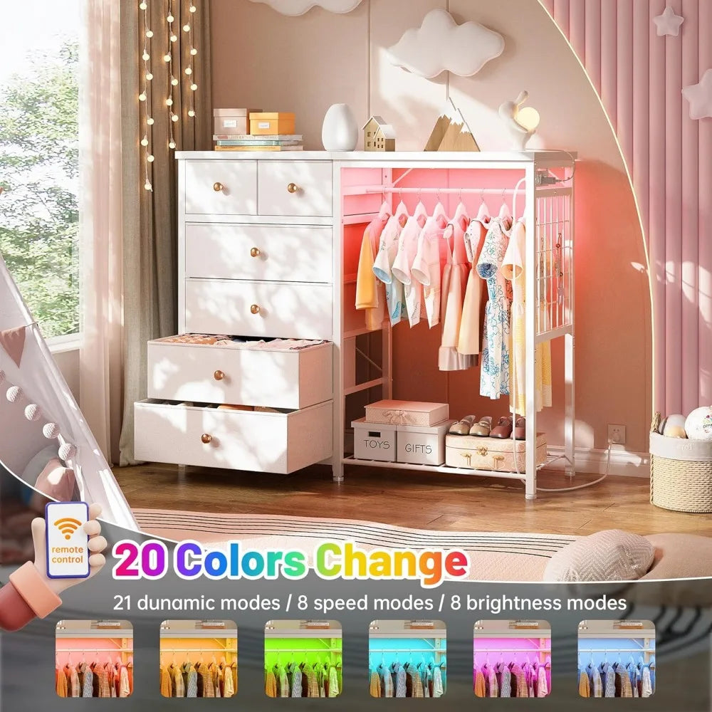 49.2" W White 6 Drawer Dresser for Bedroom with Hanging Rack with LED Lights