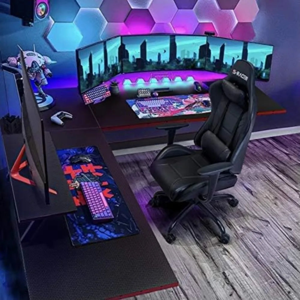 L-Shaped Gaming Desk with Monitor Riser – Sturdy Corner Computer Desk for Home Office & PC Gaming Setup, Space-Saving Writing Table