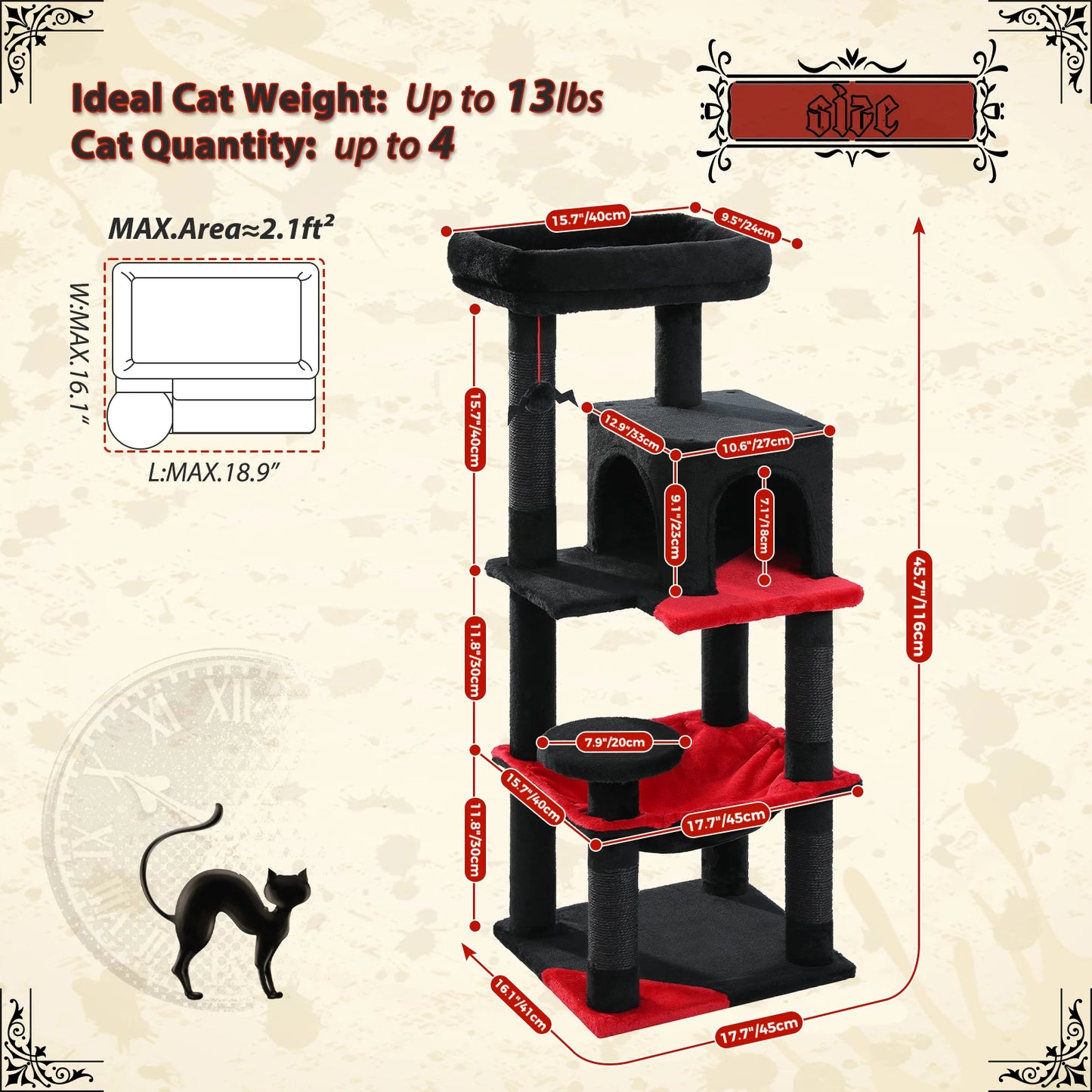 Gothic Elegance Cat Tree Tower – Tall Indoor Cat Condo with Super Large Hammock, Sisal Scratching Posts & Cozy Top Perch