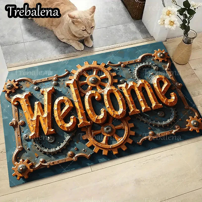 Steampunk Welcome Door Mat – Gear Design Entryway Rug for Home Décor