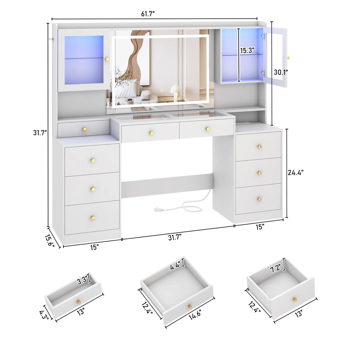 61.7" Large Vanity Desk with Mirror and Lights – Makeup Vanity with Charging Station, Sliding Drawers & Glass Door Cabinets