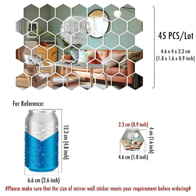 45PCS Hexagon Mirror Wall Stickers – DIY 3D Acrylic Decorative Tiles for Home & Office