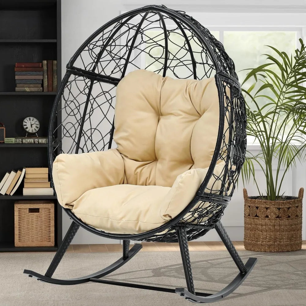 Wicker Rocking Egg Chair – Oversized Indoor/Outdoor Rattan Lounger for Patio, Backyard & Living Room