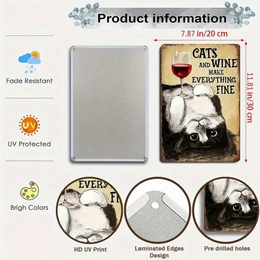 Funny "Cats & Wine Make Everything Fine" Metal Sign – Pet & Wine Tin Wall Décor for Home, Bar & Kitchen