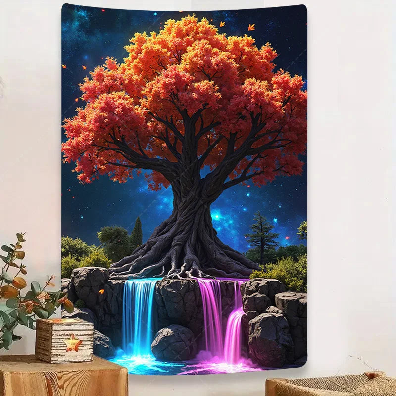 Futuristic Astronaut Wall Tapestry – Glowing Waterfall & Pink Moon, Sci-Fi Home Décor for Bedroom, Living Room, or Dorm
