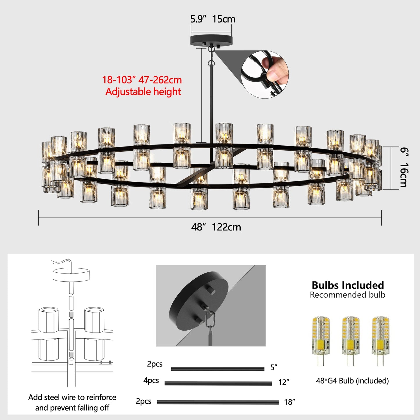 Wagon Wheel Chandelier – 48" Modern Black Round Crystal Light Fixture for Dining Room & Living Room