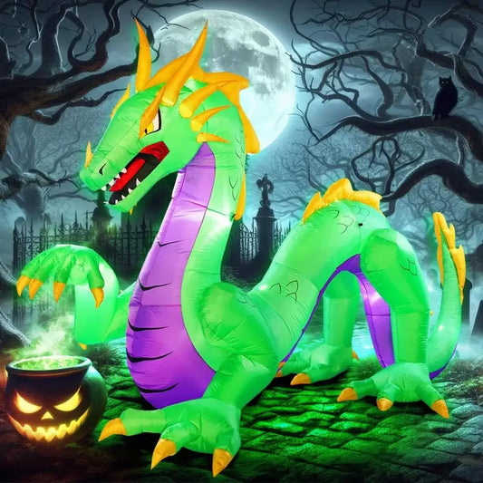 Giant 11FT Green Halloween Inflatable Dragon with LED Lights – Outdoor Blow Up Yard Decoration with Stakes & Ropes, Waterproof Polyester