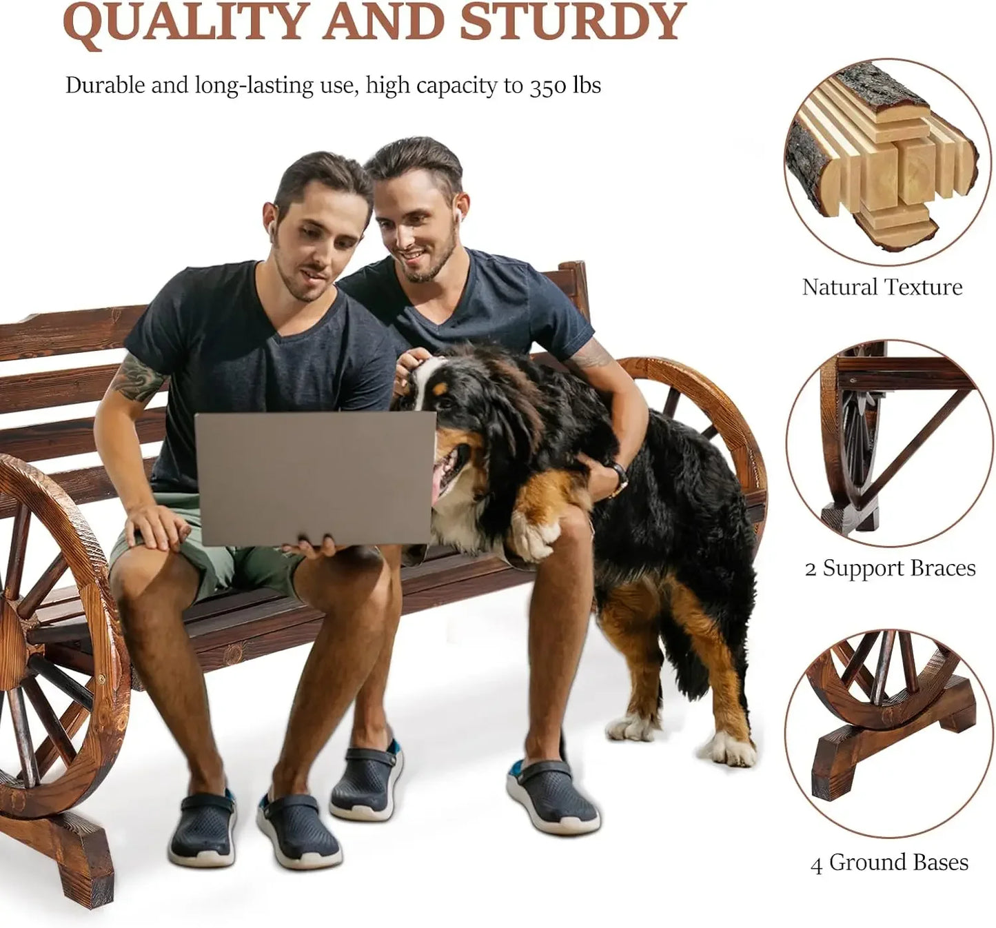 Outdoor Rustic Wooden Bench with Wagon Wheel Arms – 3-Person Garden Bench for Patio, Porch, Lawn & Yard Furniture