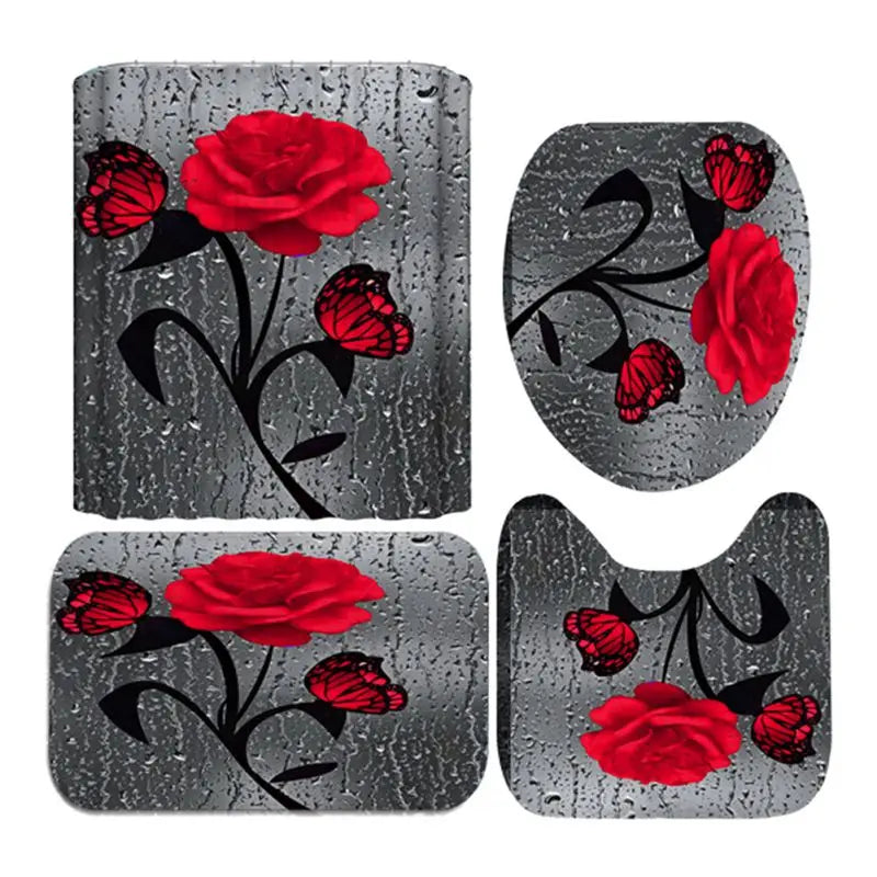 4PCS Bathroom Shower Curtain Set with Non-Slip Rugs, Toilet Seat Cover, Bath Mat & Doormat – Waterproof & Durable Bathroom Home Decor