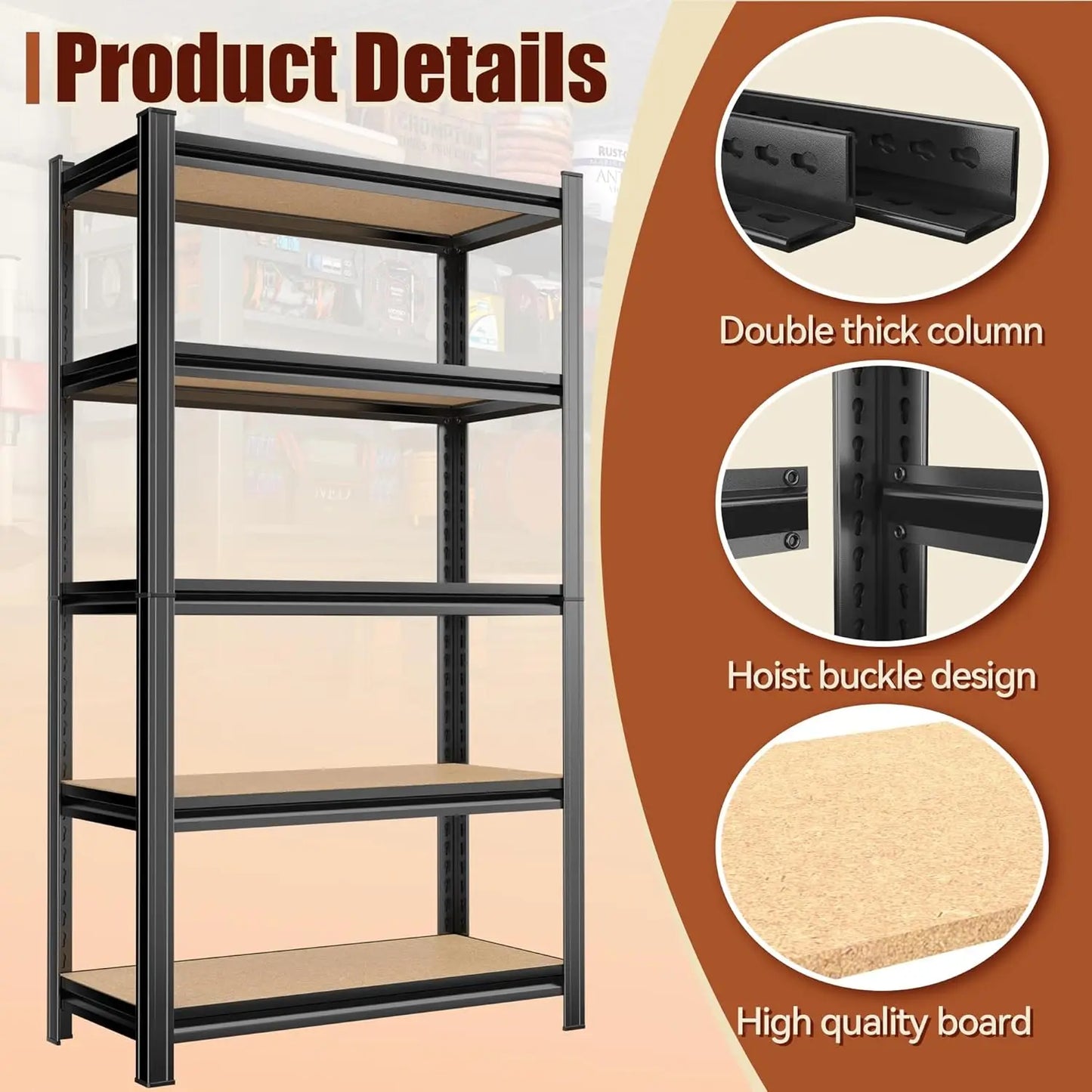 5 Tier Heavy Duty Metal Adjustable Bookshelves