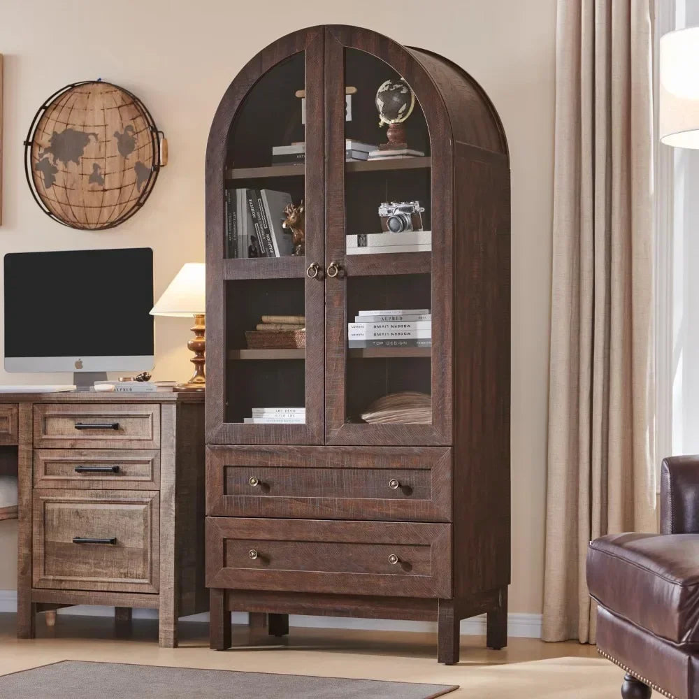 Wooden Display Cabinet w/2 Large Storage Drawers, Glass Doors and Shelves