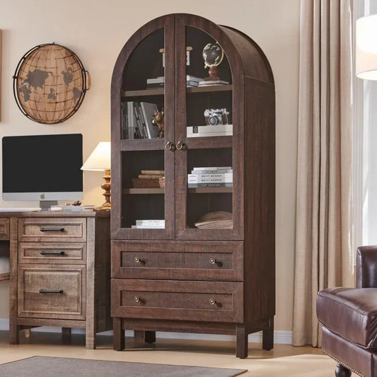 Wooden Display Cabinet w/2 Large Storage Drawers, Glass Doors and Shelves
