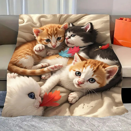1PC Flannel Blanket – Cats Print or Paw Print, Ultra-Soft Cozy Throw for Home Décor