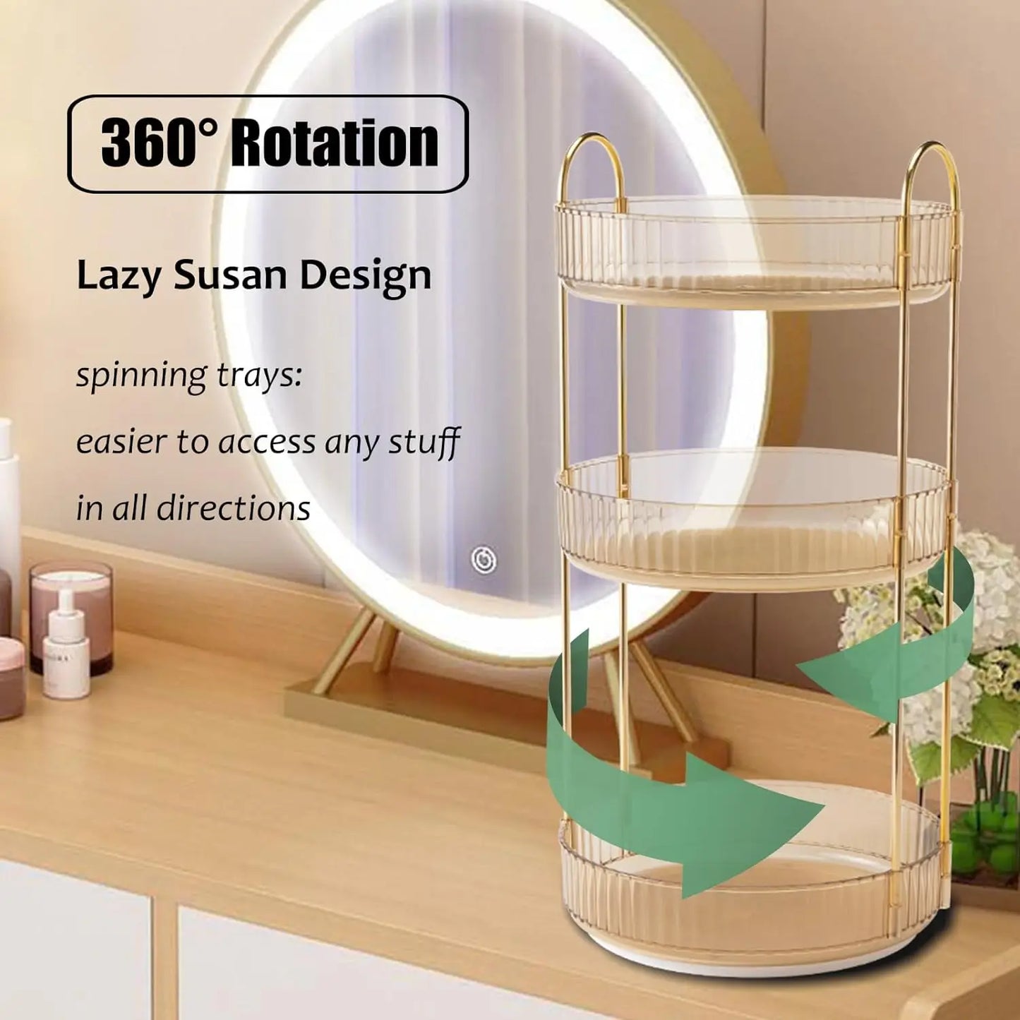 3-Tier Rotating Makeup Organizer – Clear High-Capacity Cosmetic & Skincare Storage for Vanity, Dresser, or Countertop