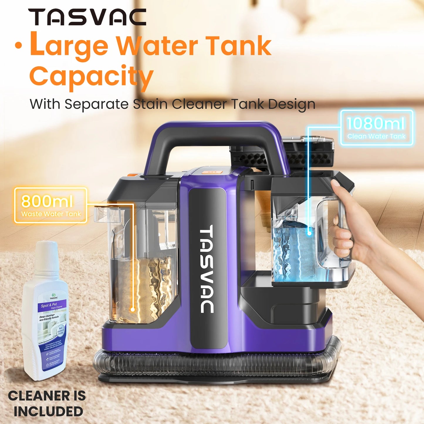 TASVAC C7 Portable Carpet & Upholstery Cleaner – Powerful Spot Cleaner for Pet Messes, Stairs, Couches, Rugs & Car Seats