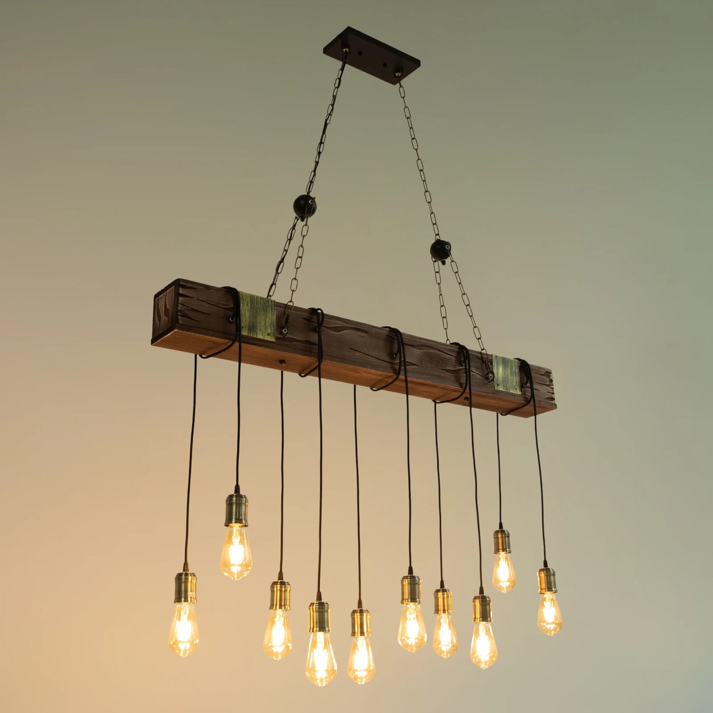 Rustic 10-Light Wooden Chandelier – Vintage Pendant Ceiling Fixture for Dining Room, Living Room, or Entrywayp