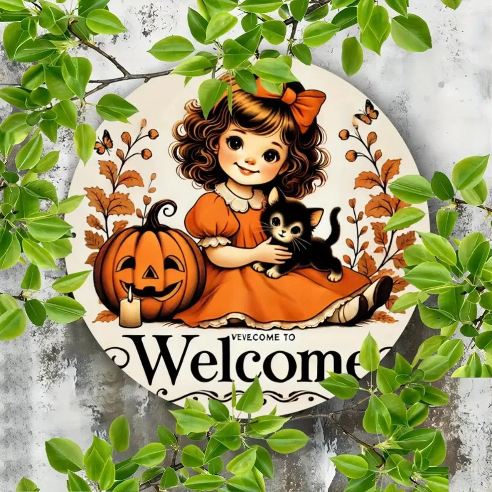 “Charming Black Girl & Autumn Kitty” 8x8" Iron Metal Wall Art – Decorative Plate for Bars, Cafés, Clubs & Home Décor