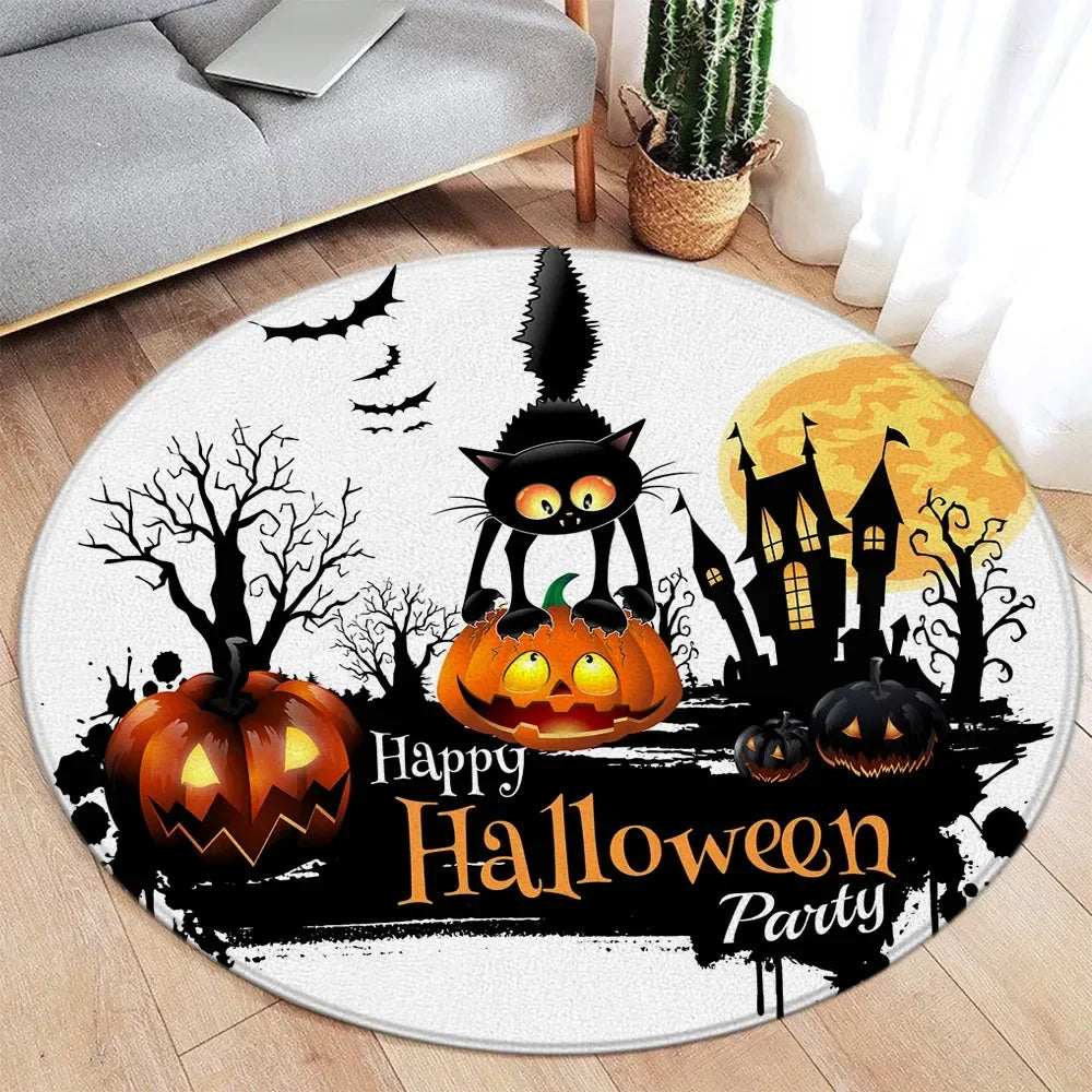 Cartoon Halloween Round Carpet – Cute Ghost, Pumpkin, Black Cat & Bat Rug for Living Room & Bedroom Decor
