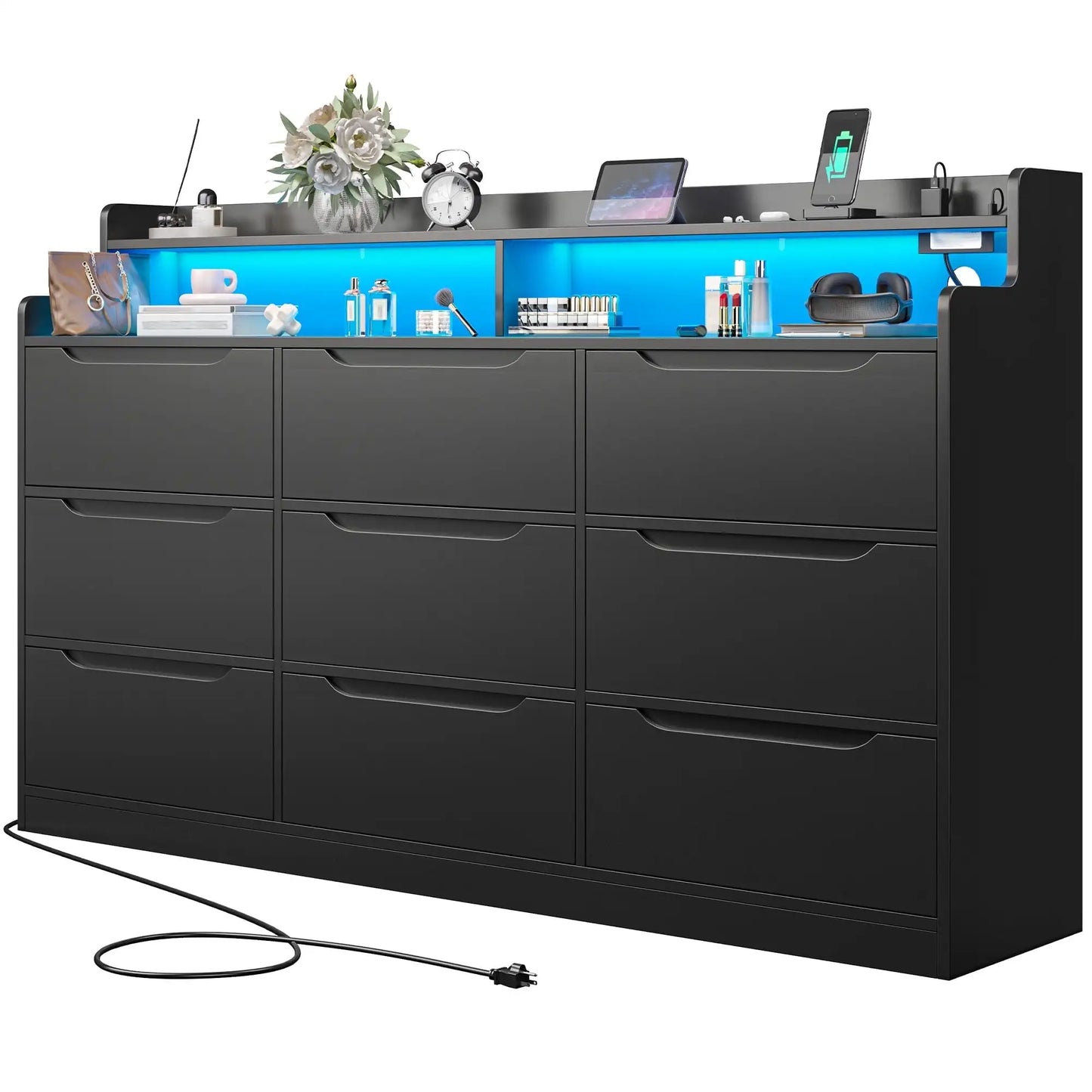 Wooden 9 Drawer Dressers for Bedroom with LED Light