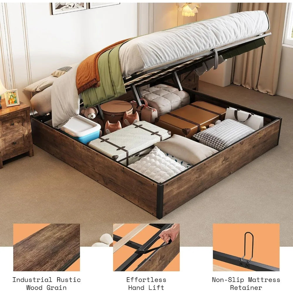 Lift-Up Storage Bed Frame – Wooden Platform Bed with Underbed Storage, Solid Wood Slat Support, No Fixed Headboard, No Box Spring Needed