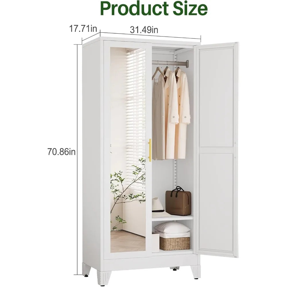 71" Metal Armoire Wardrobe with 2 Mirrored Doors – Adjustable Shelves, Hanging Rod & Safety Anchor | Modern Storage Cabinet for Bedroom, Office & Laundry Room