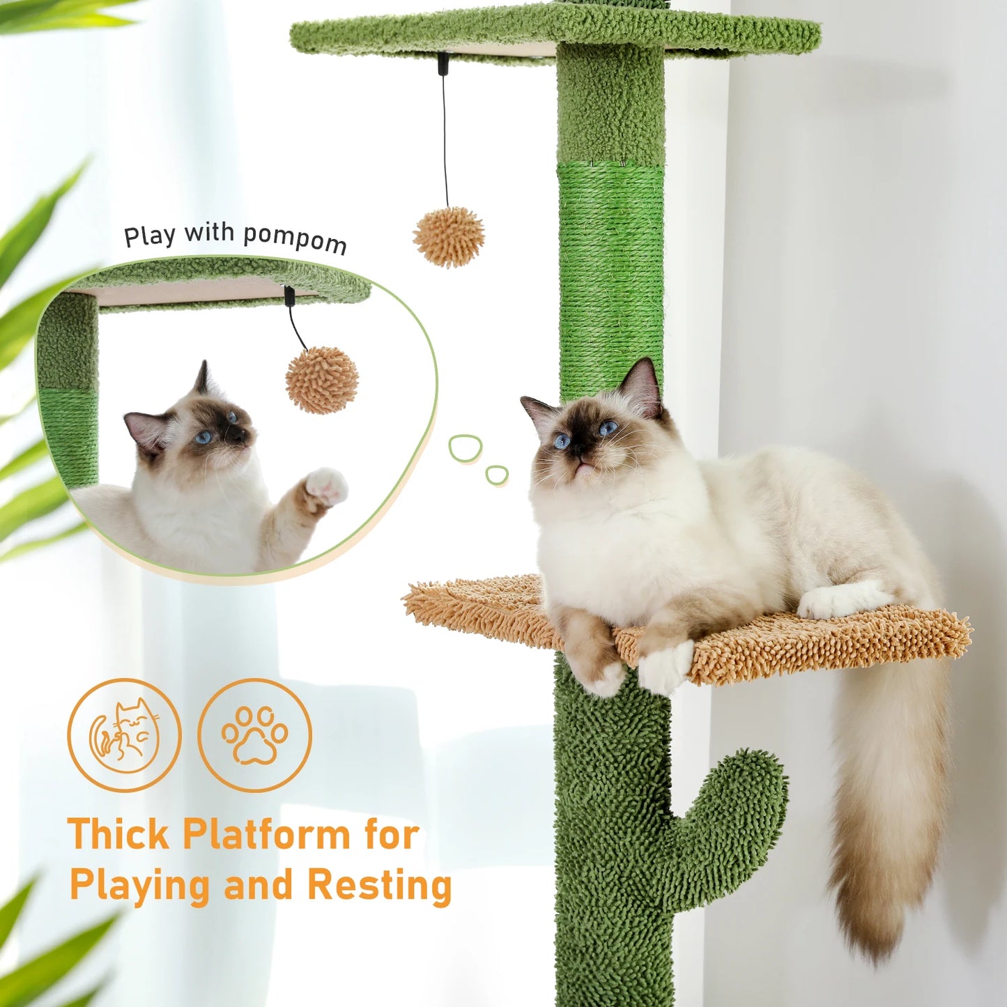 5-Tier Floor-to-Ceiling Cactus Cat Tree Tower – Tall Climbing Activity Center with Hammock, Scratching Posts & Dangling Ball for Indoor Cats