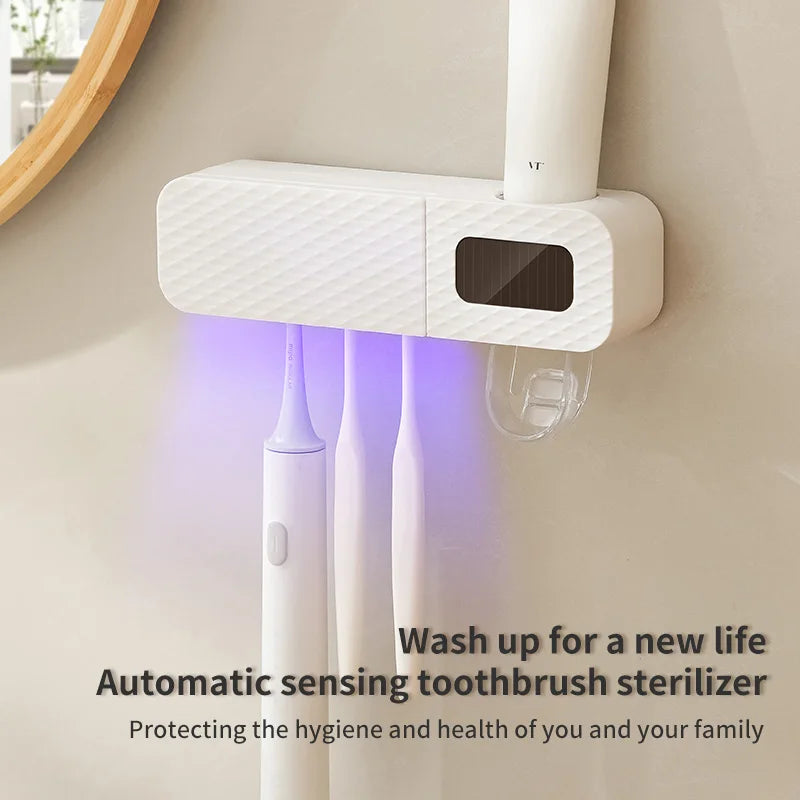 Smart Wall-Mounted Toothbrush Holder – 3-Slot Toothbrush Drying Rack with UV Sterilization & Toothpaste Dispenser