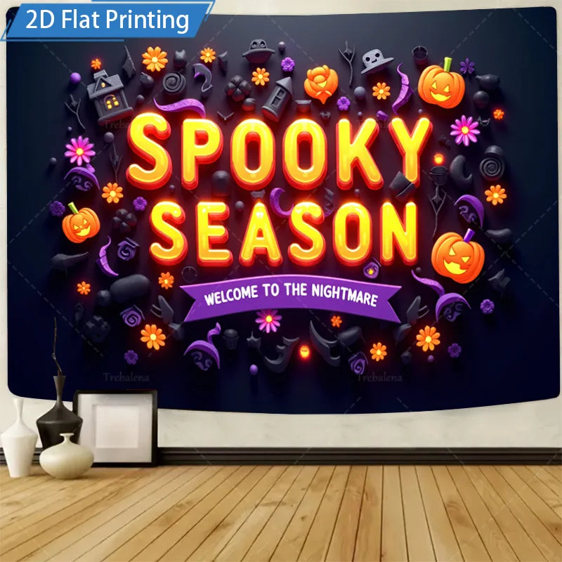 Halloween Wall Tapestry – Happy Haunting Pumpkin & Skeleton Design, Spooky Seasonal Décor for Home, Bedroom, or Party
