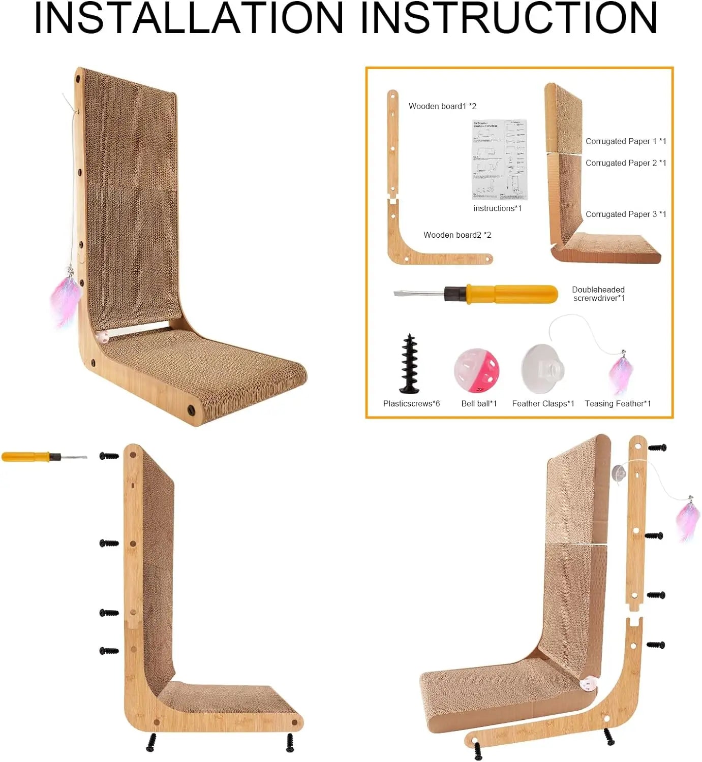 L Shape Cat Scratcher – 23.6 Inch Indoor Cardboard Cat Scratch Pad to Protect Furniture