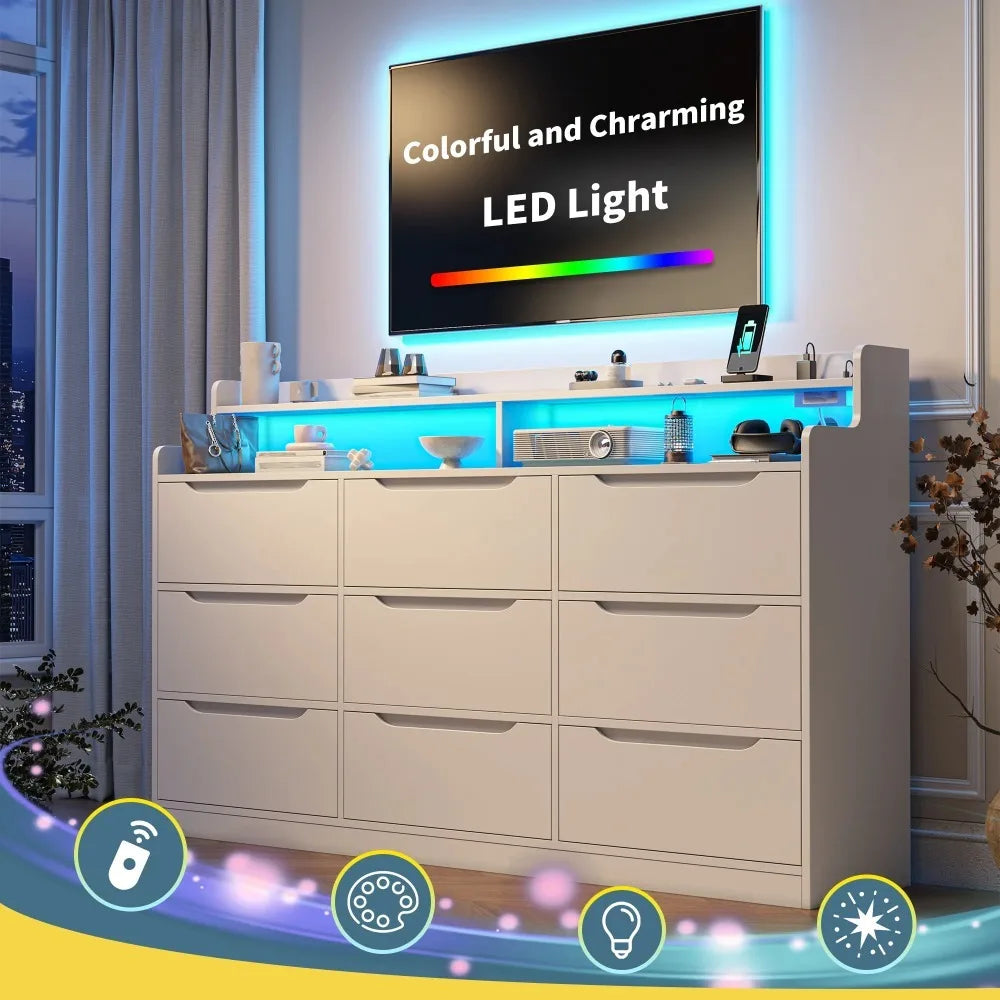 Wooden 9 Drawer Dressers for Bedroom with LED Light