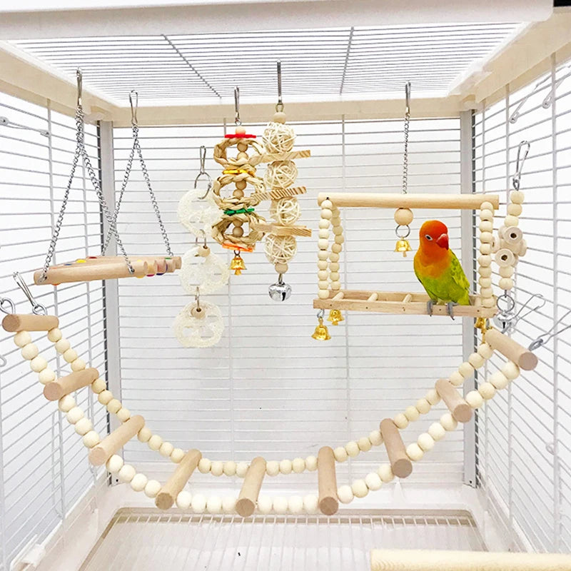 8-Piece Parrot Toy Set – Natural Wood Bird Swing, Perch, Climbing & Training Toys for Parrots, Cockatiels, Budgies, and Other Birds