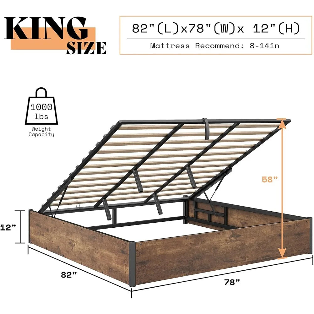 Lift-Up Storage Bed Frame – Wooden Platform Bed with Underbed Storage, Solid Wood Slat Support, No Fixed Headboard, No Box Spring Needed