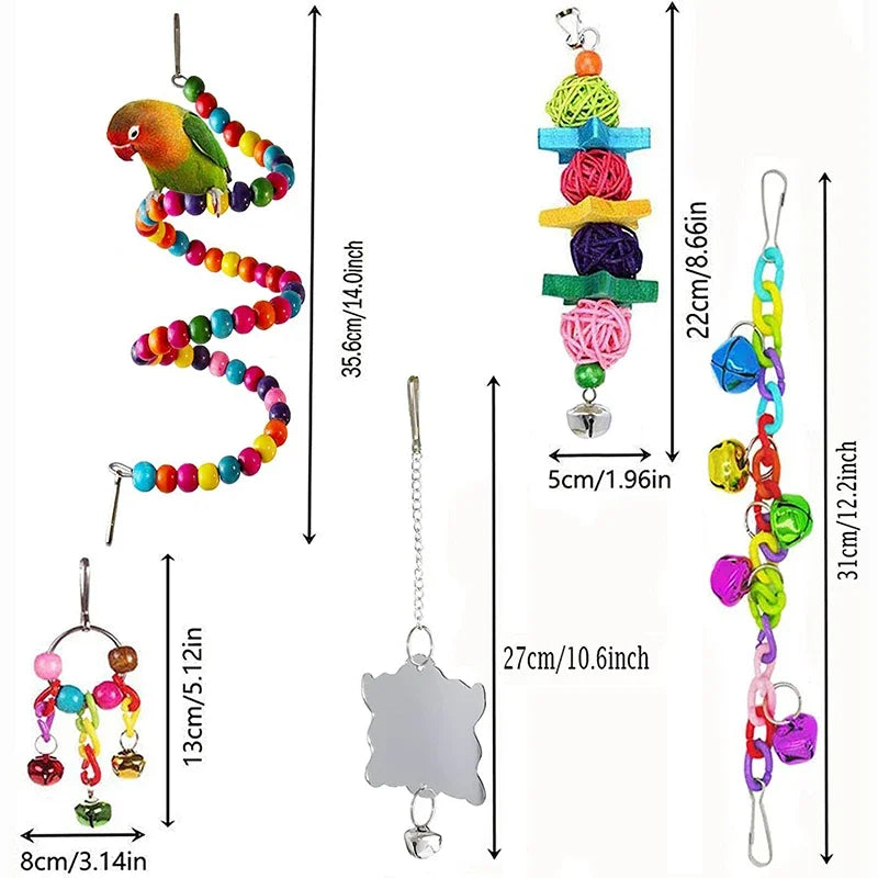 7PCS Wooden Bird Toy Set – Parrot Cage Accessories with Swing, Bells, Bridge, and Chew Toys
