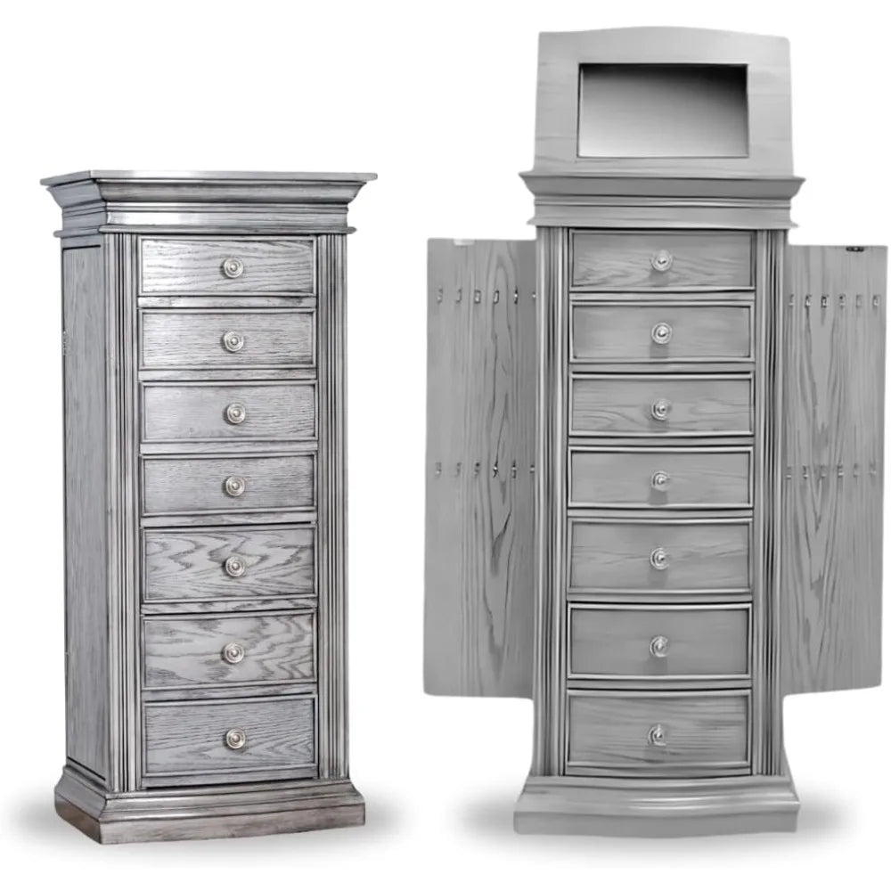 Standing Jewelry Armoire – Large 7-Drawer Wooden Jewelry Organizer with Mirror, Side Doors & Anti-Tarnish Lining for Home