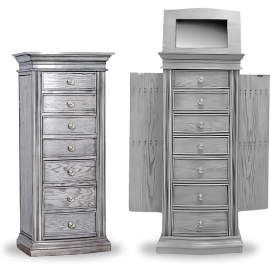 Standing Jewelry Armoire – Large 7-Drawer Wooden Jewelry Organizer with Mirror, Side Doors & Anti-Tarnish Lining for Home