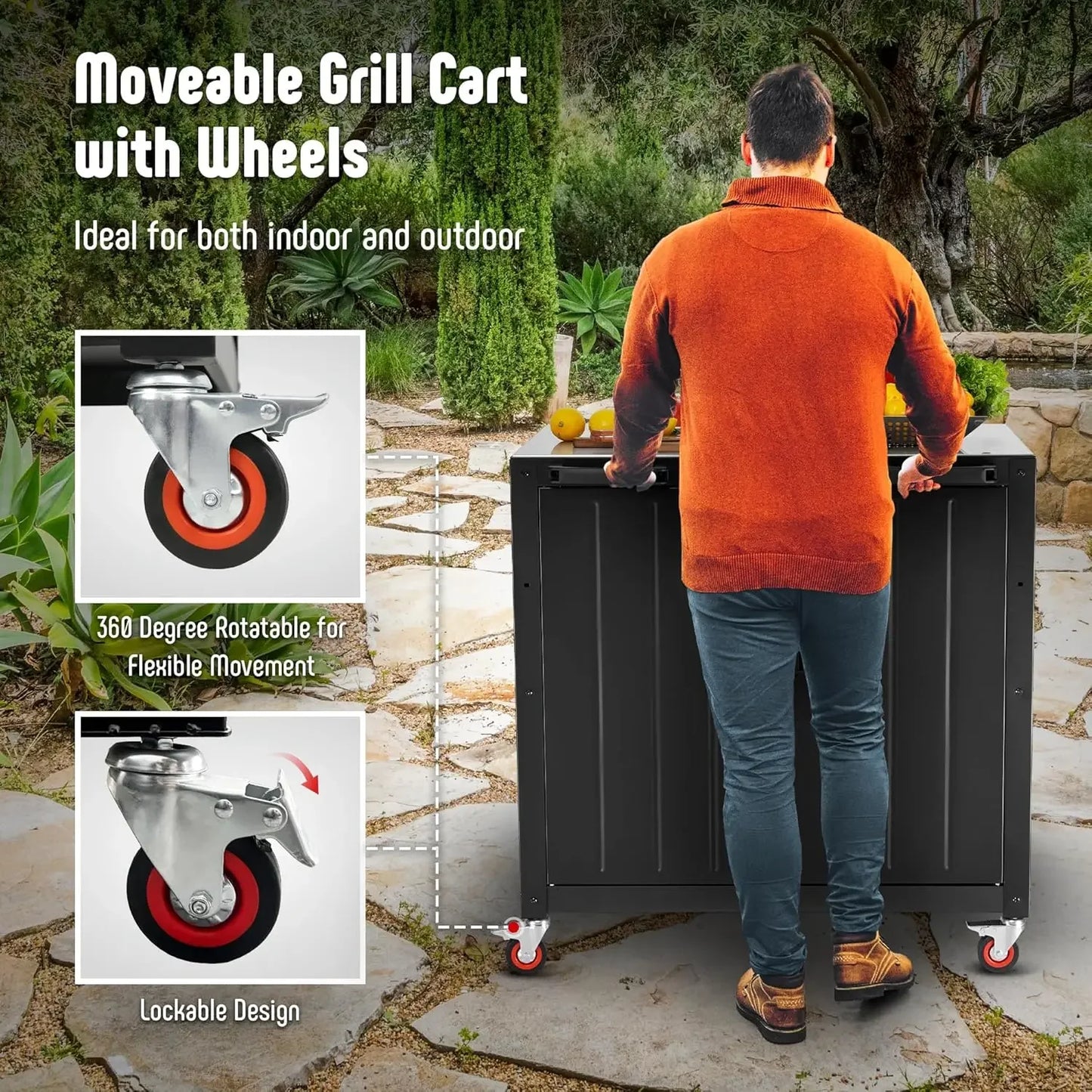 Grill Table & Outdoor Bar Cart – Modular Outdoor Kitchen Island with Storage Cabinet and Grill Station