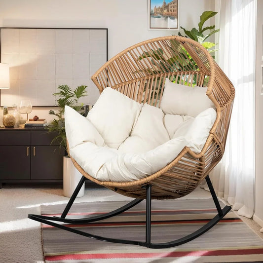 Wicker Egg Rocking Chair with Cushion – Oversized PE Rattan Patio Lounge Chair for Indoor & Outdoor Use, Balcony, Backyard, or Porch