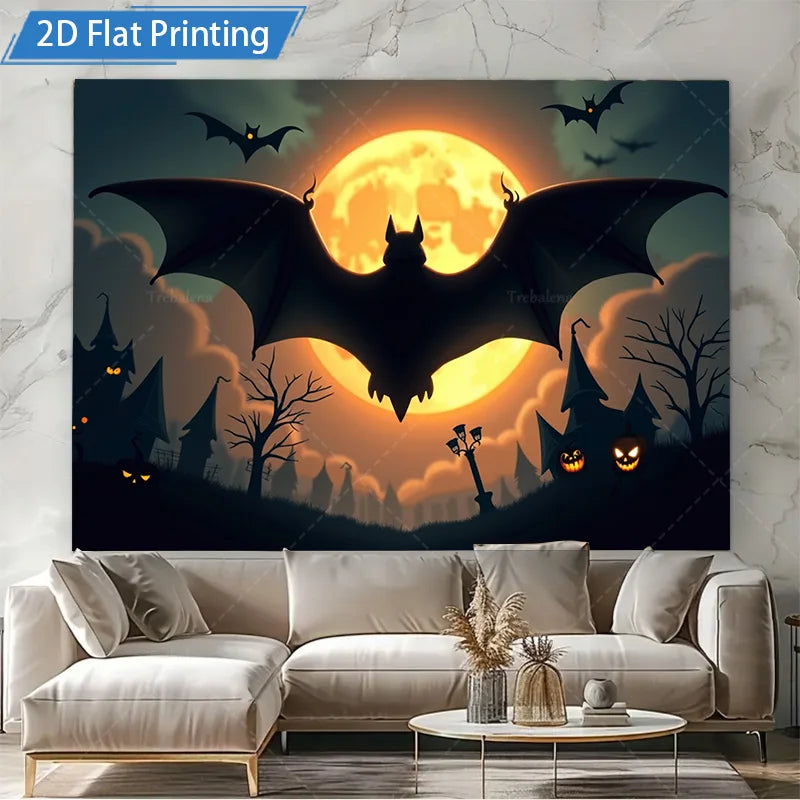 Halloween Wall Tapestry – Bat Silhouette with Full Moon & Spooky Pumpkins, Gothic Horror Décor for Home, Bedroom, or Party