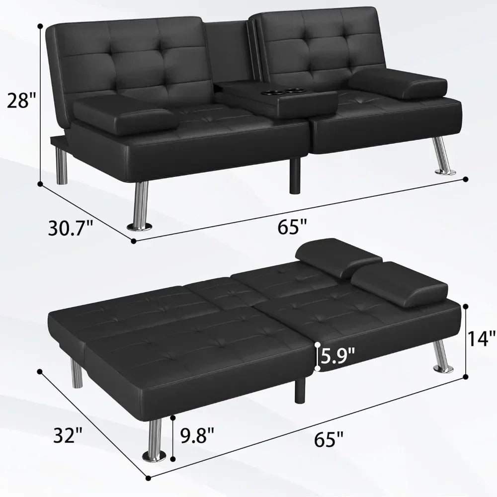 Leather Convertible Folding Recliner with 2 Cup Holders, Removable Armrests