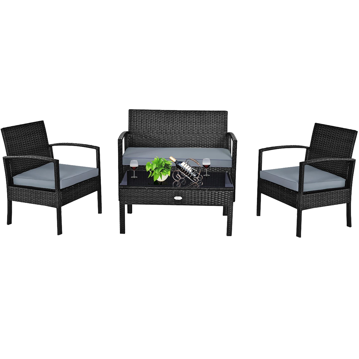 4pcs Black Rattan Wicker Furniture Set for Patio