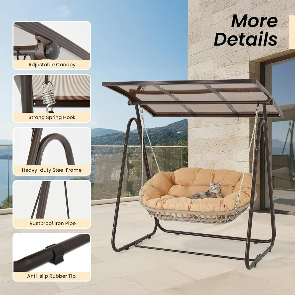 2-Person Outdoor Porch Swing with Adjustable Hardtop Canopy & 5.9" Thick Cushions – Weather-Resistant Rattan Patio Swing Chair