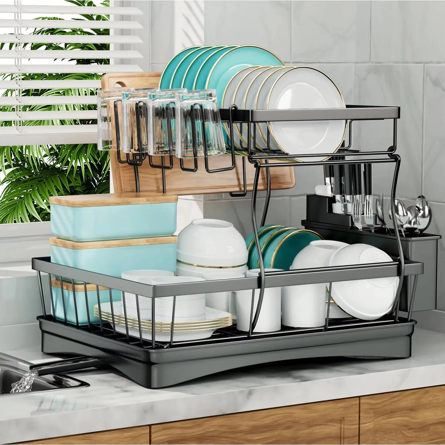 Large 2-Tier Dish Drying Rack – Removable High-Capacity Kitchen Countertop Dish Drainer
