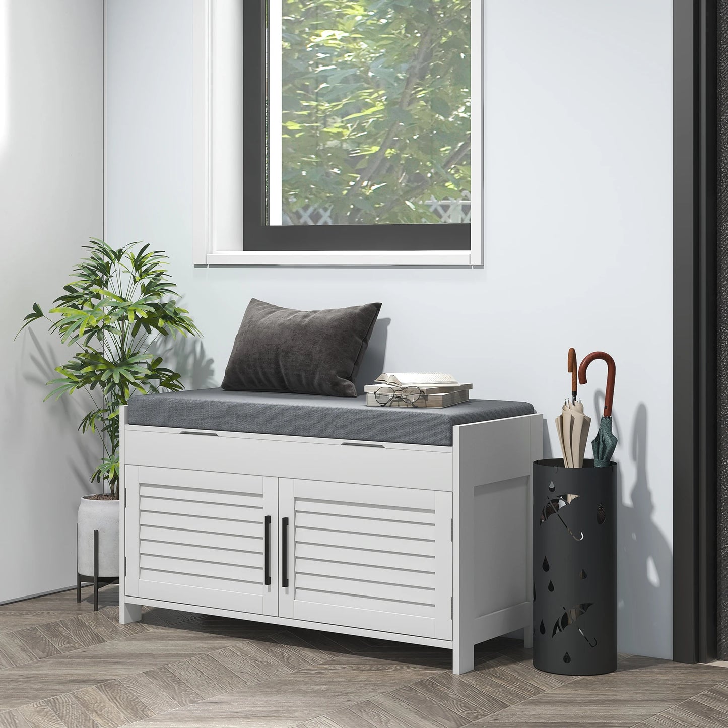 Entryway Shoe Bench with Cushion and Hidden Compartments