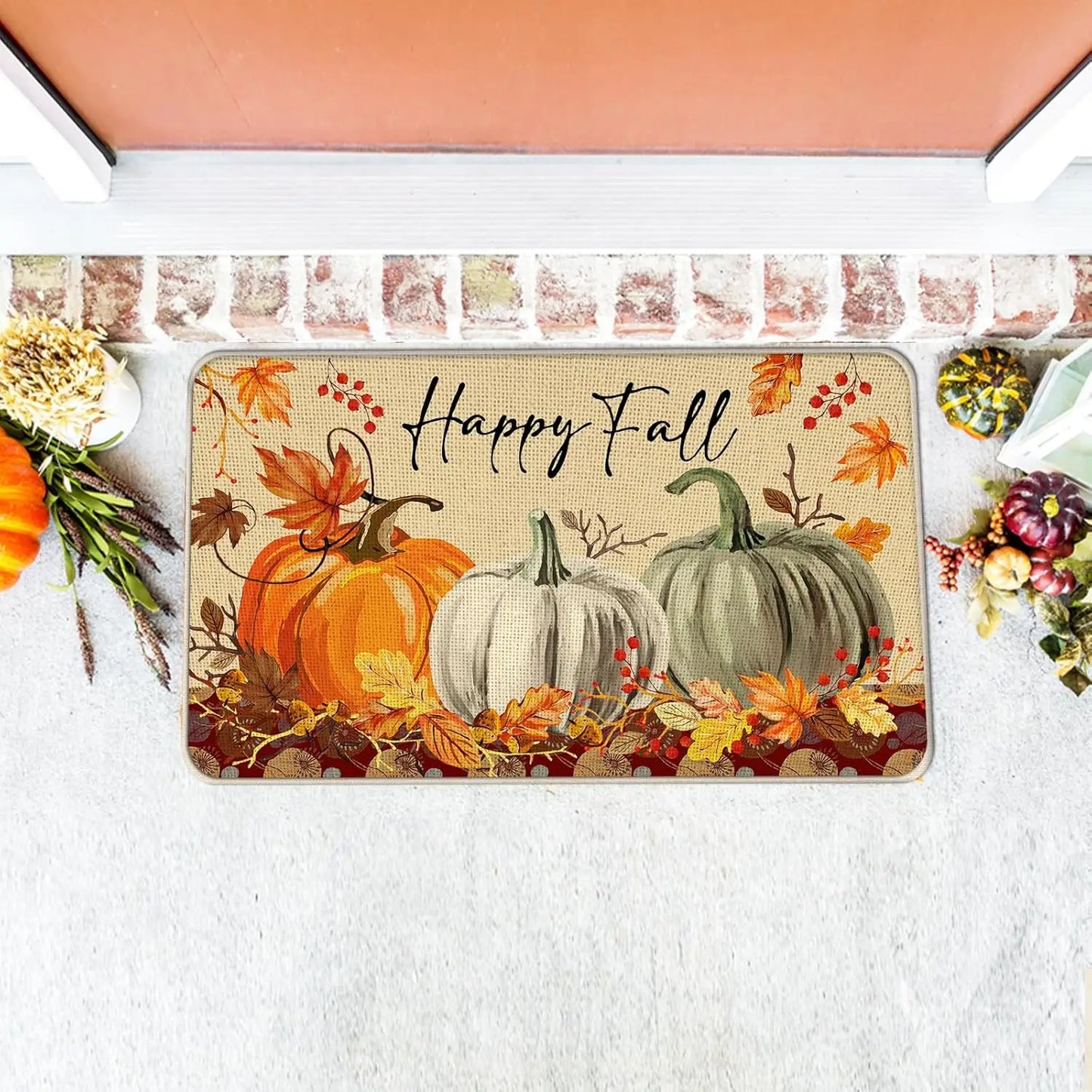Fall Pumpkin Kitchen Mat – Autumn Maple Leaf Non-Slip Rug for Entryway, Living Room, Hallway, Laundry Room & Balcony